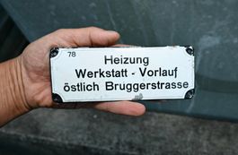 antik Emailschild HEIZUNG werkstatt emaille ca 16 x6cm