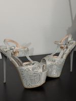 Silver Glitter Platform High Heels T-Strap Size 40