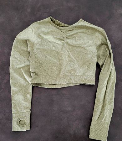 Damen Sport Crop Top langarm, olive, Grösse S