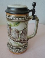 Bierkrug mit Zinndeckel "Eulenfamilie" Gerz West-Germany