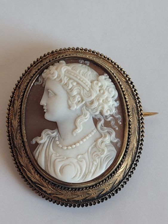 Broche Vintage Camée Buste Féminin Or, Ocre Et Beige - Occasion Parfait état, Bijou Fantaisie