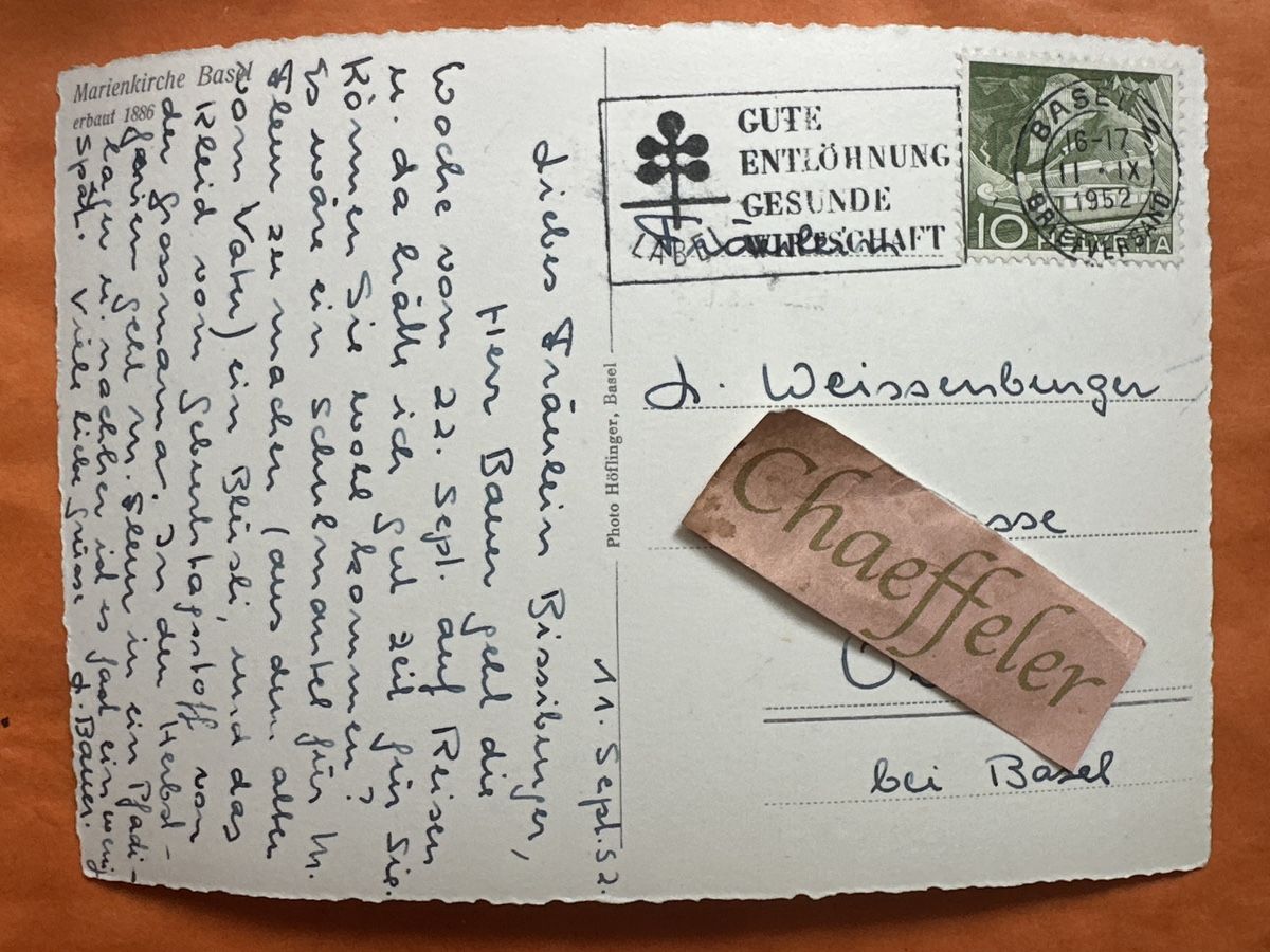 Cartoline postali: 1952 Marienkirche Basel, erbaut 1886 – Usato da Zürich venduto da Chaeffeler 1