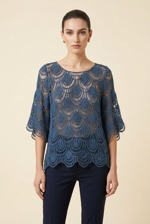 Vintage Blouse Dentelle Crochet Bleu T. M