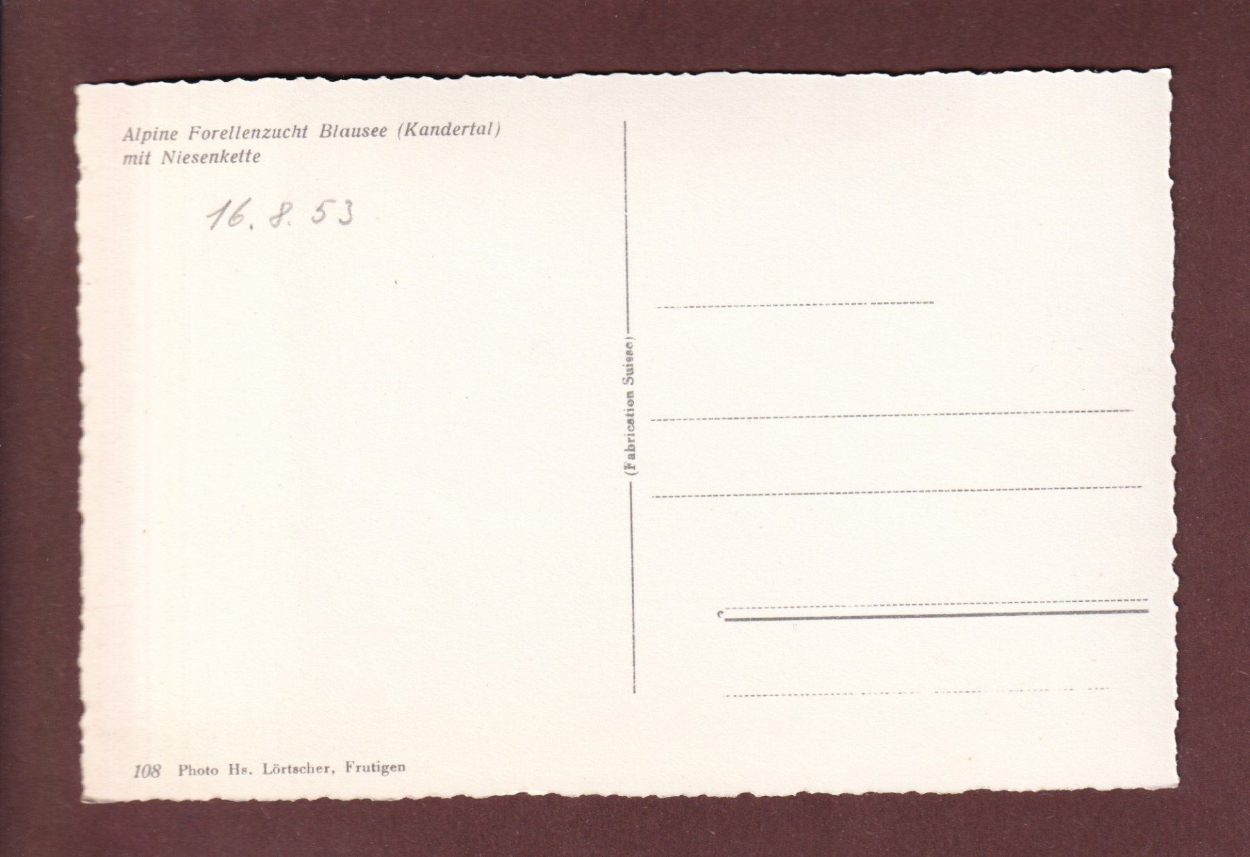 Cartoline postali: Alpine Forellenzucht BLAUSEE - 1953 – Usato da Pully venduto da nicecards-shop 1
