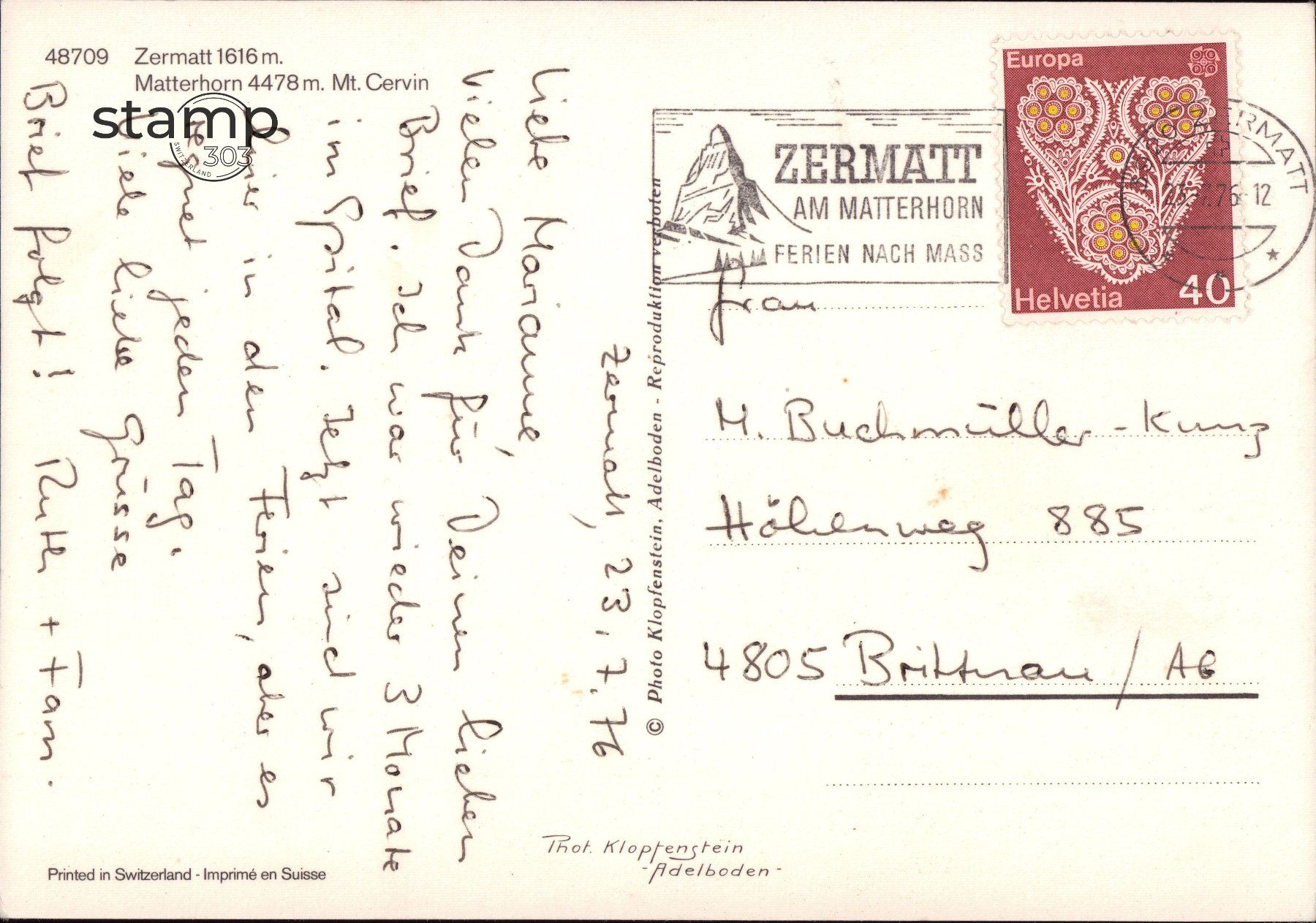 Cartoline postali: 1976 AK Zermatt mit Matterhorn – Usato da Eggersriet venduto da stamp303 1