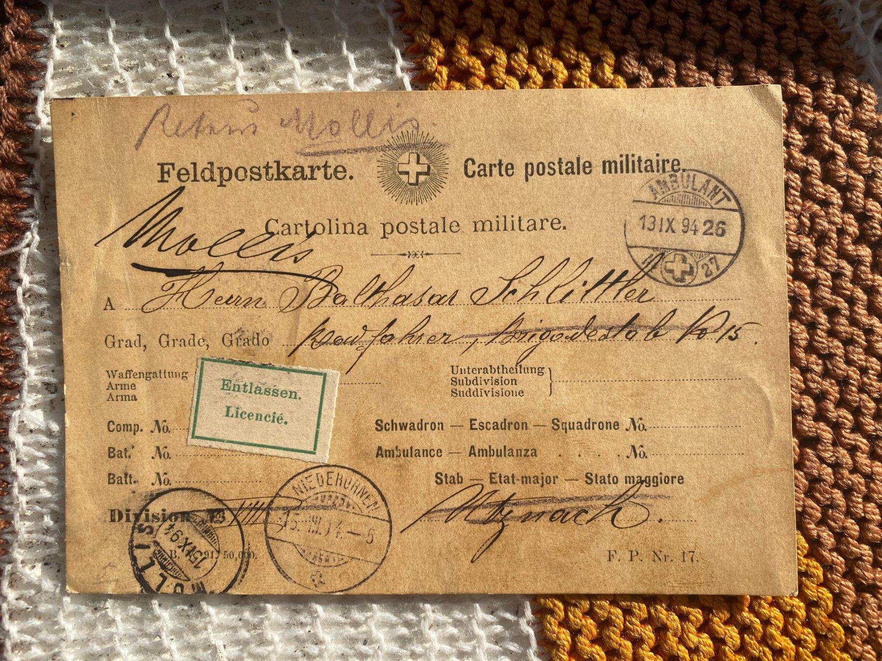 Cartoline postali: 1894 PK Militär 21 – Usato da Langendorf venduto da Antik-Samariter