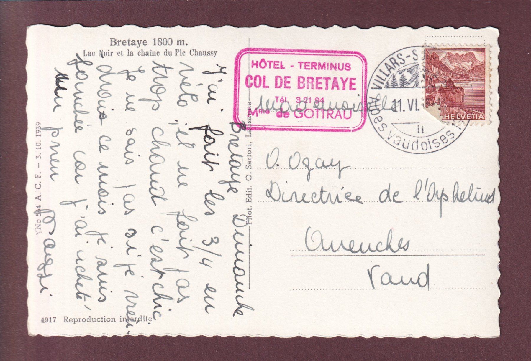 Ansichtskarten: BRETAYE - Lac Noir - 1945 Obl. Hôtel – Gebraucht aus Pully von nicecards 1