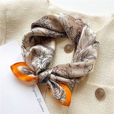 New 53cm Floral Beige Silk Scarf, 100% Silk with Orange Trim