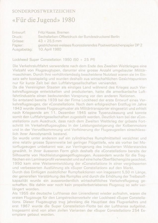 Cartoline postali: Maximumkarte Deutsche Post Lockheed Super Constellation 1950 – Usato da Frauenfeld venduto da POML 1