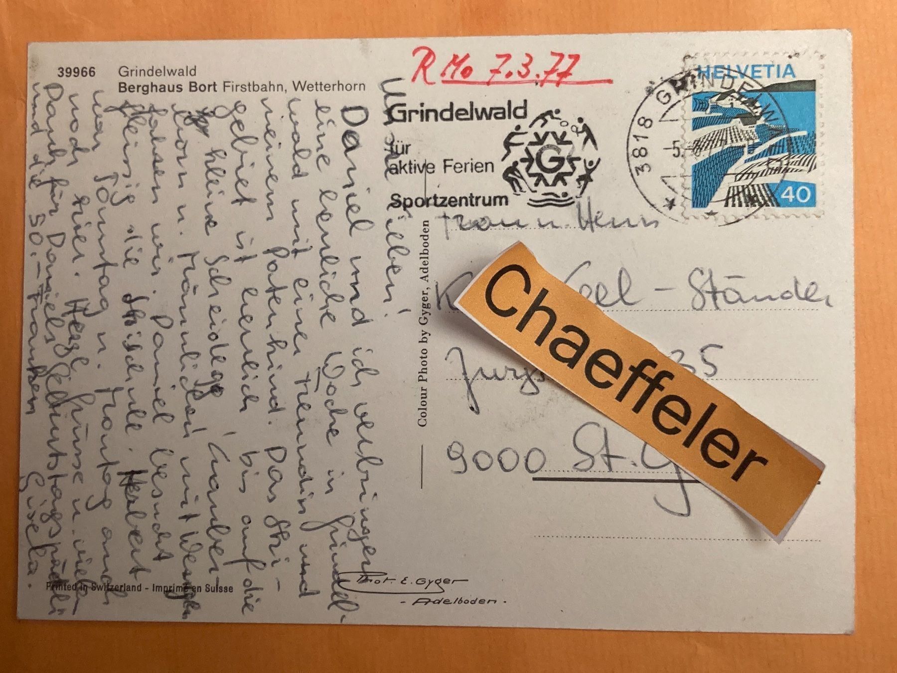 Cartoline postali: 1977 Grindelwald, Berghaus Brot Firstbahn, – Usato da Zürich venduto da Chaeffeler 1