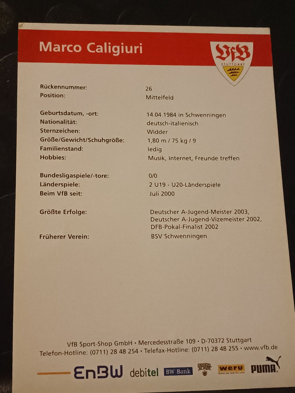 Autografi: Marco Caligiuri - VfB Stuttgart - Handsigniert – Usato da Menziken venduto da Artographs 1
