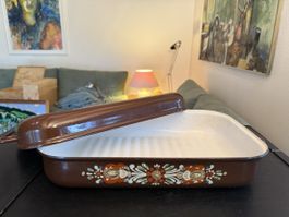 Belle Rôtissoire Vintage Emaillee Marron avec Décor Floral ✨