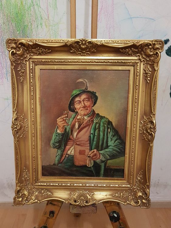 Gemälde " Mann mit Hut" goldfarbener Bilderrahmen Kaufen auf Ricardo