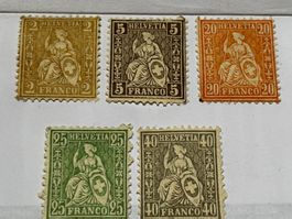 Briefmarken Set Helvetia 2, 5, 20, 25, 40 Rappen