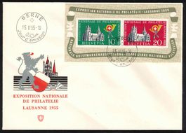 1955 FDC Lausanne Block W35 "BERNE 15.II.55" adresslos