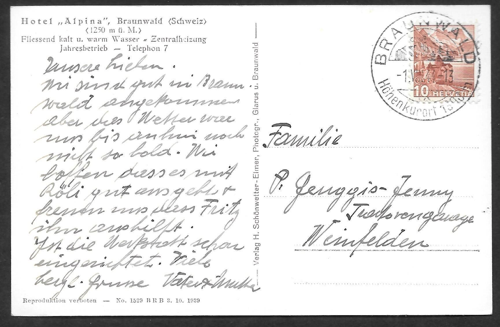 Cartoline postali: Braunwald Hotel Alpina – Usato da Olten venduto da clotaldi 1