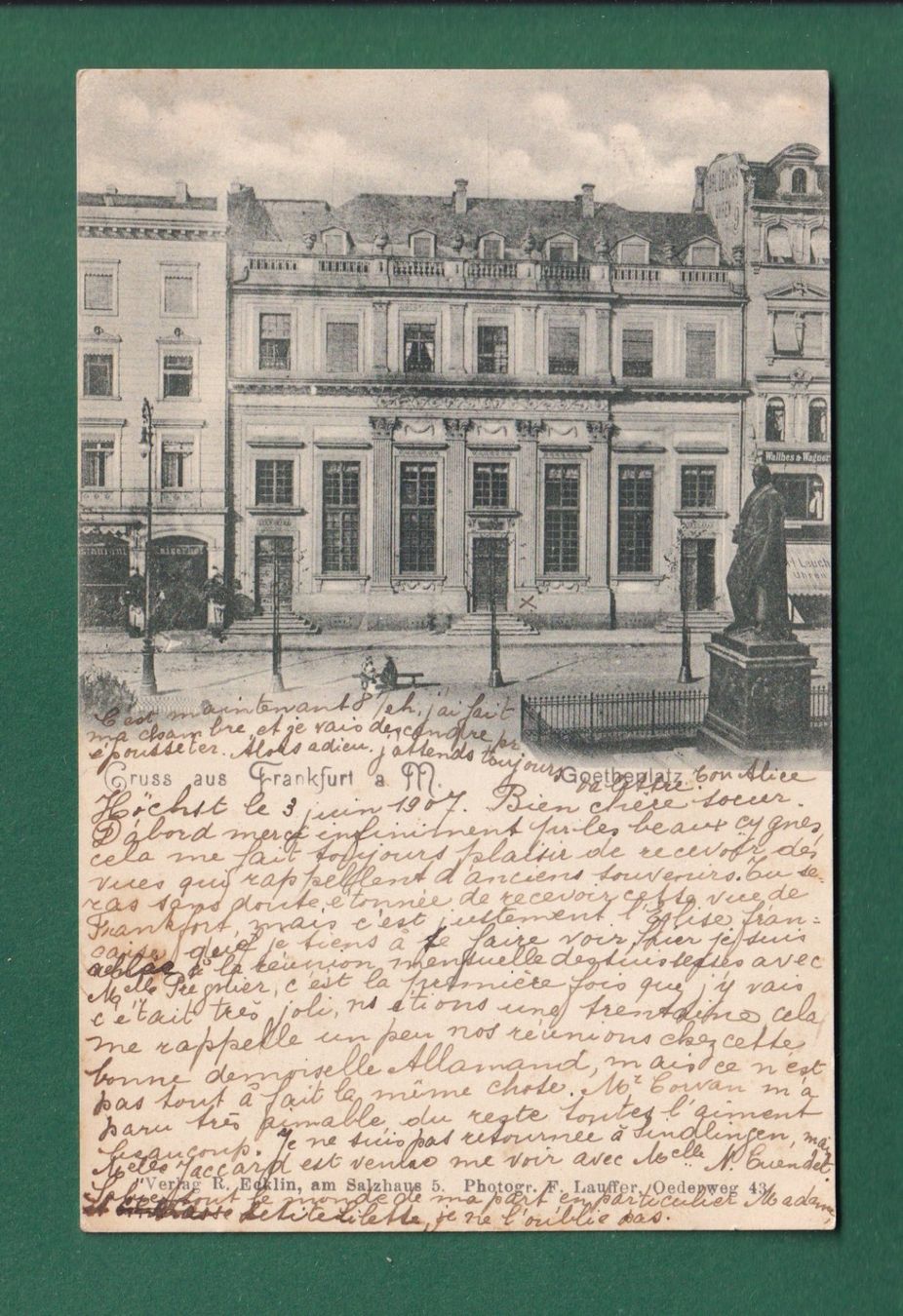 Cartoline postali: FRANKFURT - Goetheplatz - 1907 – Usato da Pully venduto da nicecards-shop