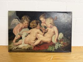 Ölgemälde Putten mit Lamm signiert auf Leinwand antik