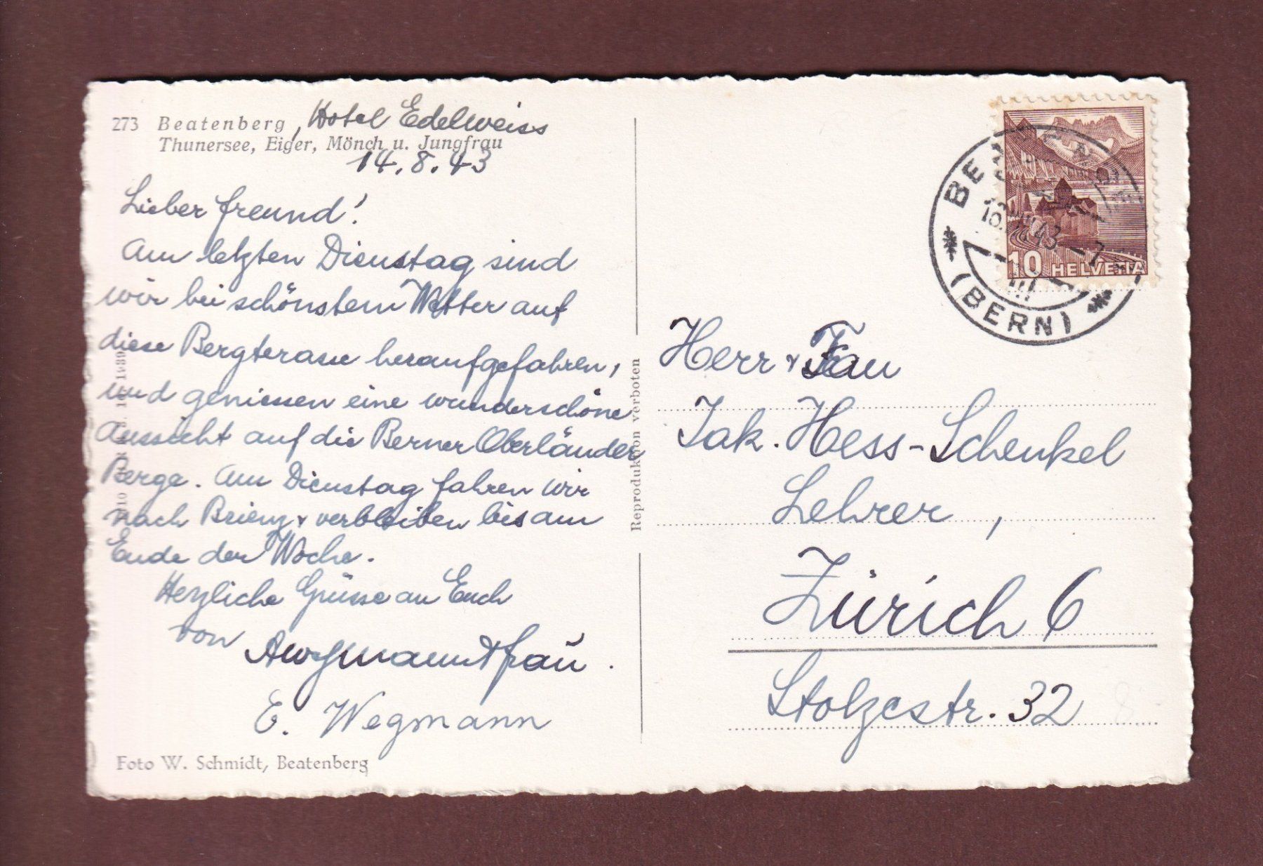 Cartoline postali: BEATENBERG - Eiger - Mönch - Jungfrau - 1943 – Usato da Pully venduto da nicecards-shop 1