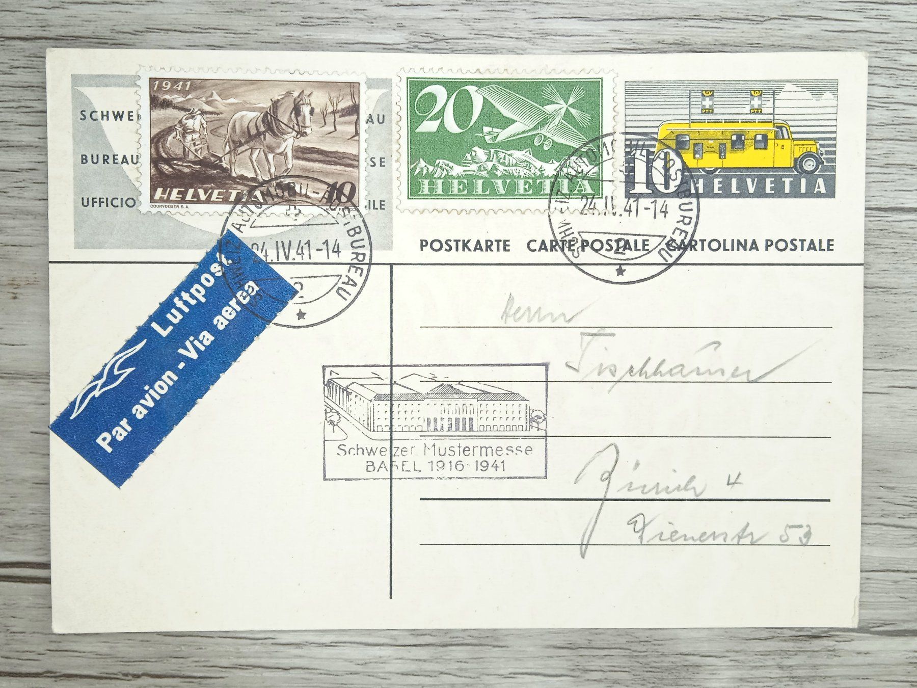 Tutti i francobolli: TR72 Carte Postale + Timbre Suisse 1941 – Usato da Cousset venduto da Patrick_Collections