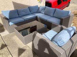 Garten Lounge Set Rattan Optik mit Glastisch