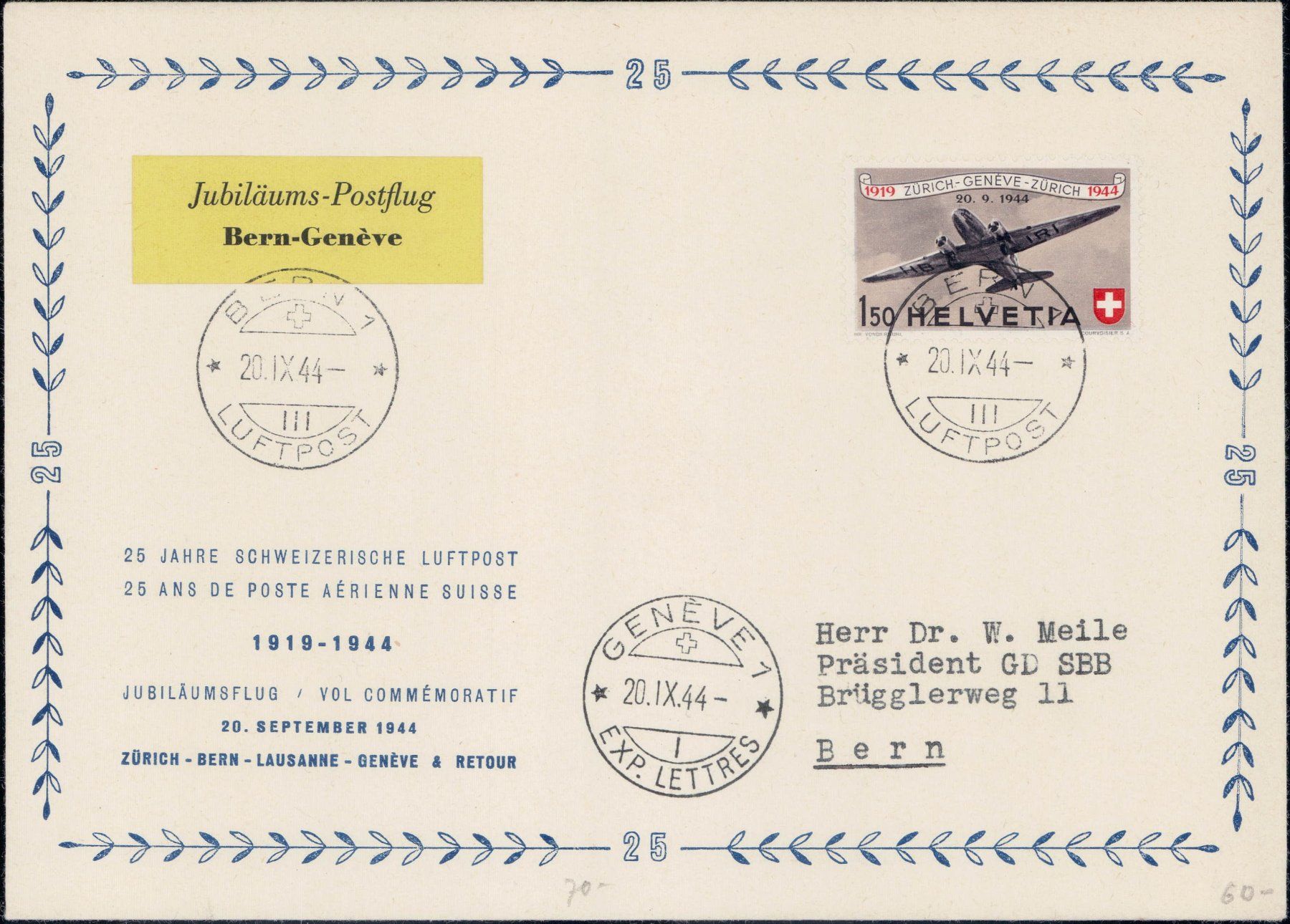 Tutti i francobolli: Flugpost 1944, total 12 Etappen, 480.- – Usato da Horw venduto da pilatusmail 9