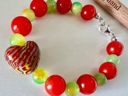Buntes Quarz Armband mit Murano-Herz & 925 Silber Unikat