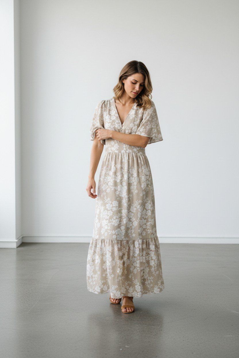 Kleider: Beige Weiss Floral Kleid Gr: L – Gebraucht aus Meilen von MaisonSelect 1