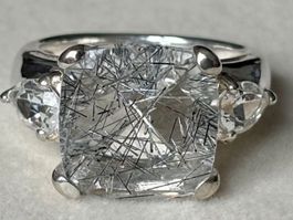 Quarz Schwarze Rutile Ring, Topase, NEU, Gr. 59, (I16)