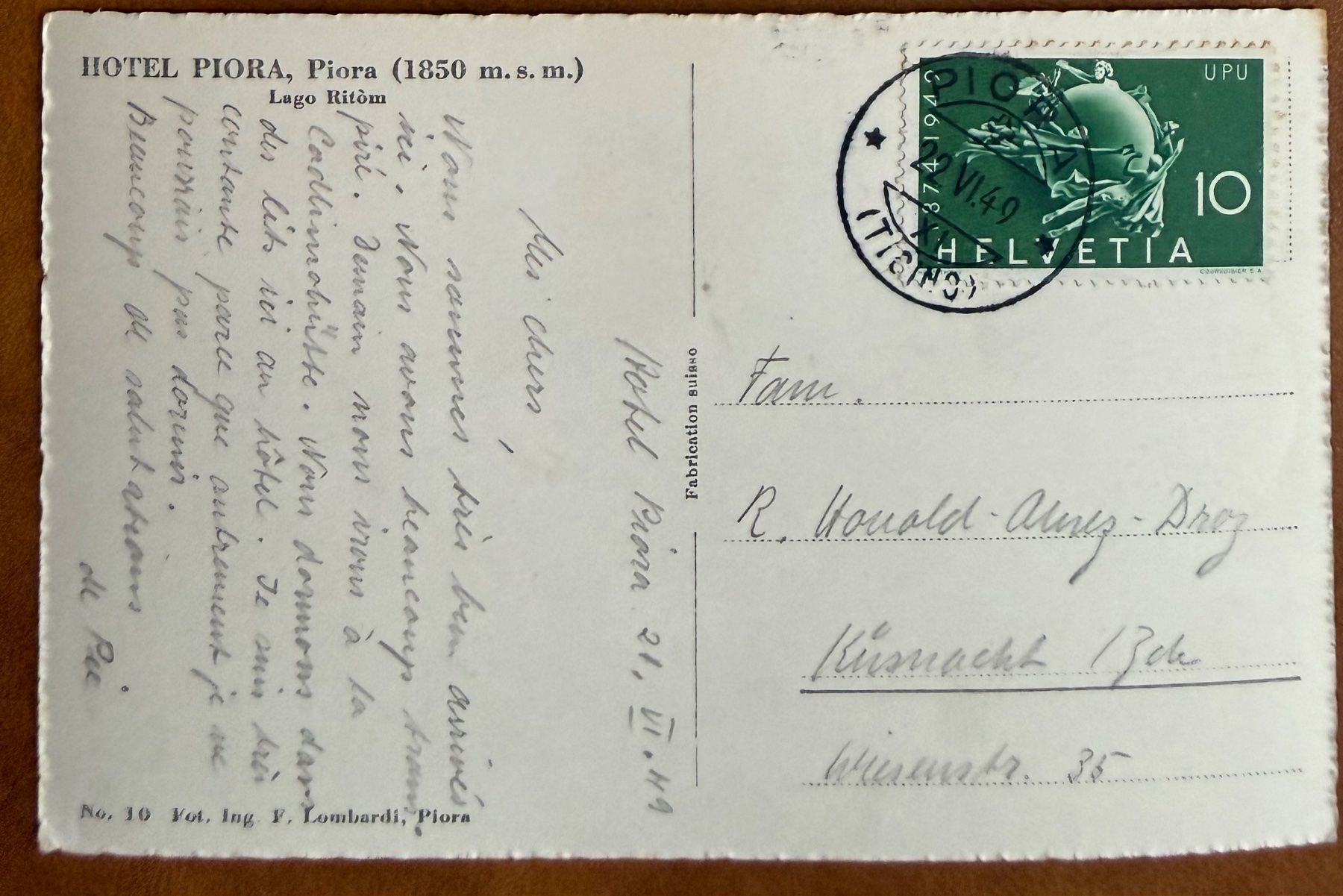 Ansichtskarten: Piora - Hotel Piora 1949 – Gebraucht aus Lutry von Ediego 1