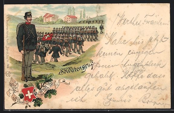 Foto, Lettere & Cartoline: Litho Soldat mit Tornister vor marschier – Usato da Berlin venduto da bartko-reher
