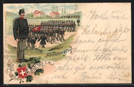 Litho Soldat mit Tornister vor marschier