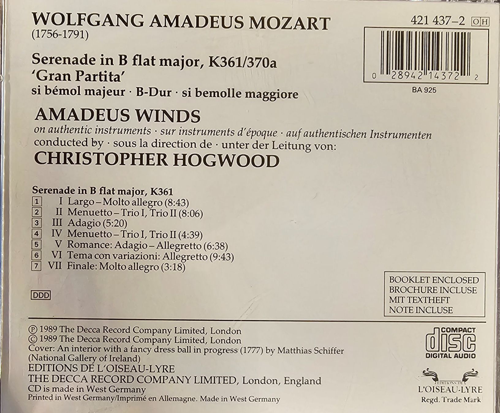 CD: Mozart - Serenade, K361 'Gran Partita' – Usato da Wahlen b. Laufen venduto da Cg10 1