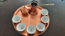 Mokka-Set aus Kupfer; antik, 6 Tassen, Kanne, Zuckerbehälter