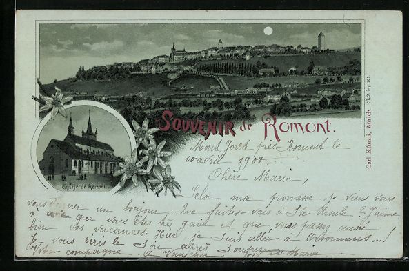 Cartoline postali: Mondschein-Lithographie Romont, Eglise d – Usato da Berlin venduto da bartko-reher