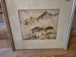 Aquarell: Berglandschaft mit Hütte, signiert, gerahmt