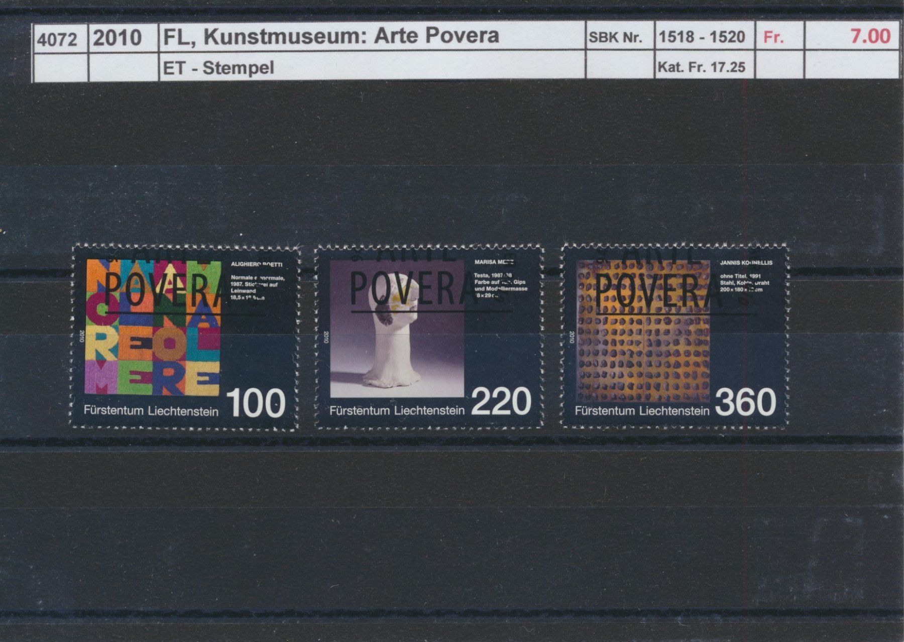 Tutti i francobolli: 2010 FL, "Kunstmuseum: Arte Povera", ET - Stempel – Usato da Winterthur venduto da Zupogeru