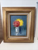 Nature morte fleurs, huile, cadre feuille d'or / Stillleben