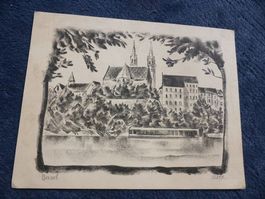 Basel,Litho,original sign. Künstler Gloor,Rheinbad,Münster