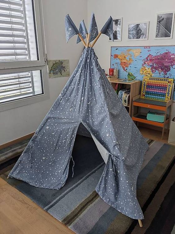 Tente Tipi Pour Enfant Avec Tapis & Guirlande Lumineuse - 120×120×140 Cm - Bleu - Jeu Intérieur/Extérieur - 5
