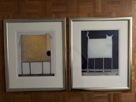 2 Bilder Hund und Katze von Kessler, gerahmt, 56x66 cm