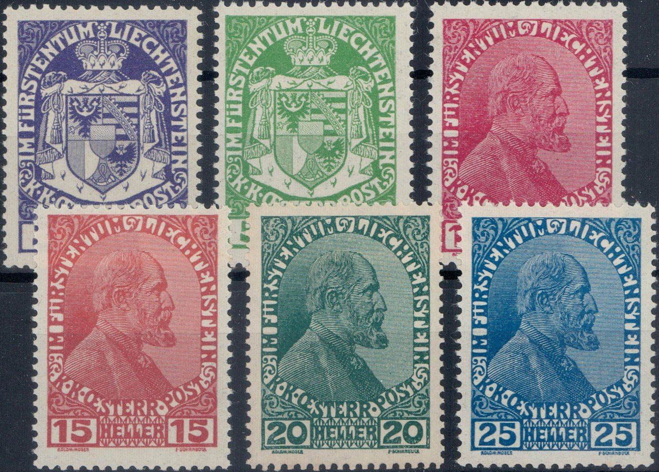 Tutti i francobolli: Liechtenstein 1917/19, Serie 4-9 postfrisch **, 75.- – Nuovo e nell'imballaggio originale da Horw venduto da pilatusmail