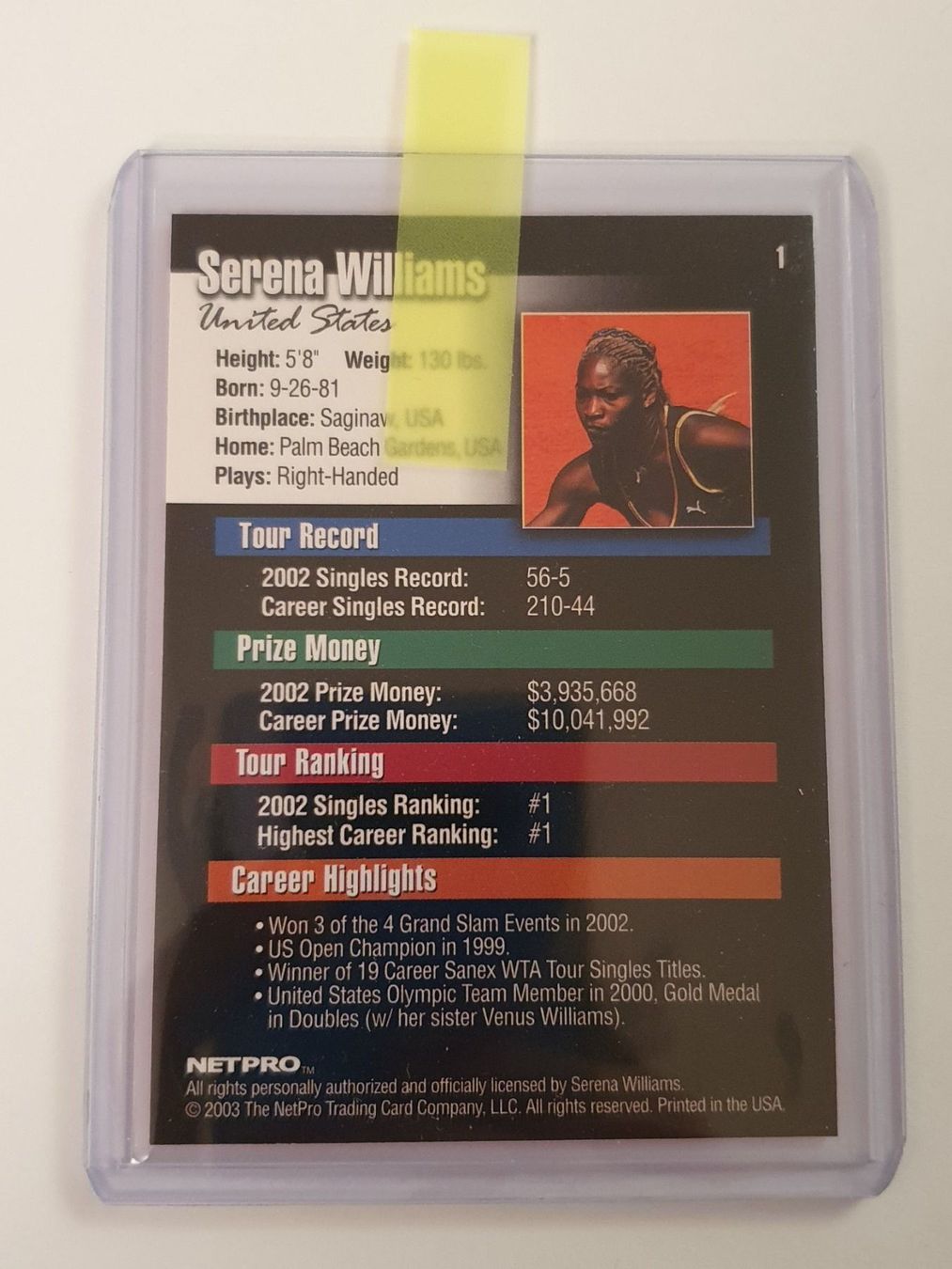 Carte collezionabili: Serena Williams 2003 Netpro Rookie Card – Usato da Oberdorf BL venduto da BaldenEagle 1