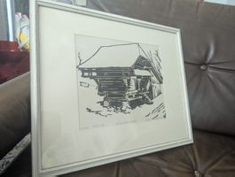 Vintage Swiss Linocut "Handdruck" Alpine Chalet Signed