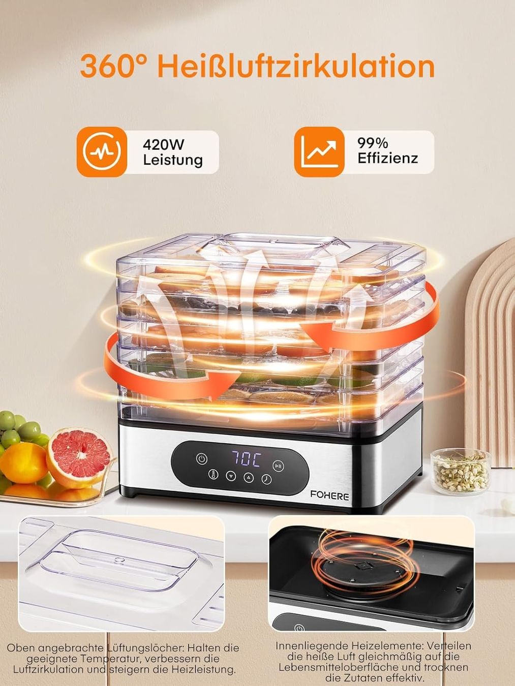 Elettrodomestici da cucina: Dörrautomat 5 Tabletts 420W Timer Edelstahl – Nuovo e nell'imballaggio originale da St. Gallen venduto da sch_zsz7 3