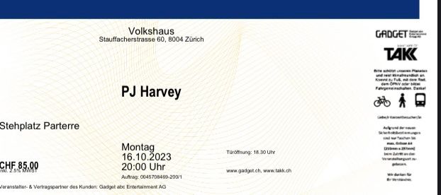 Ticket Concert PJ Harvey | Kaufen auf Ricardo