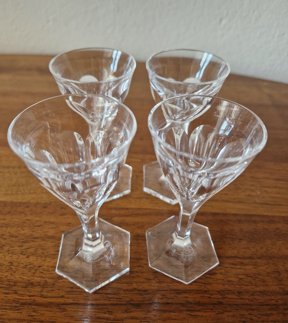 Moser Bicchieri: 4  Moser Kristall Gläser Schnaps oder Likör , Hexagon Fuss – Nuovo (secondo la descrizione) da Bern venduto da Antikbatik