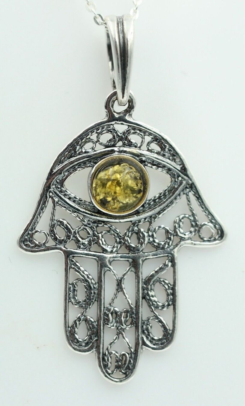 Ciondoli: Bernstein Hand der Fatima 925 Silber Collier Kette Bernstein – Nuovo e nell'imballaggio originale da Heiligkreuzsteinach venduto da schmucktime