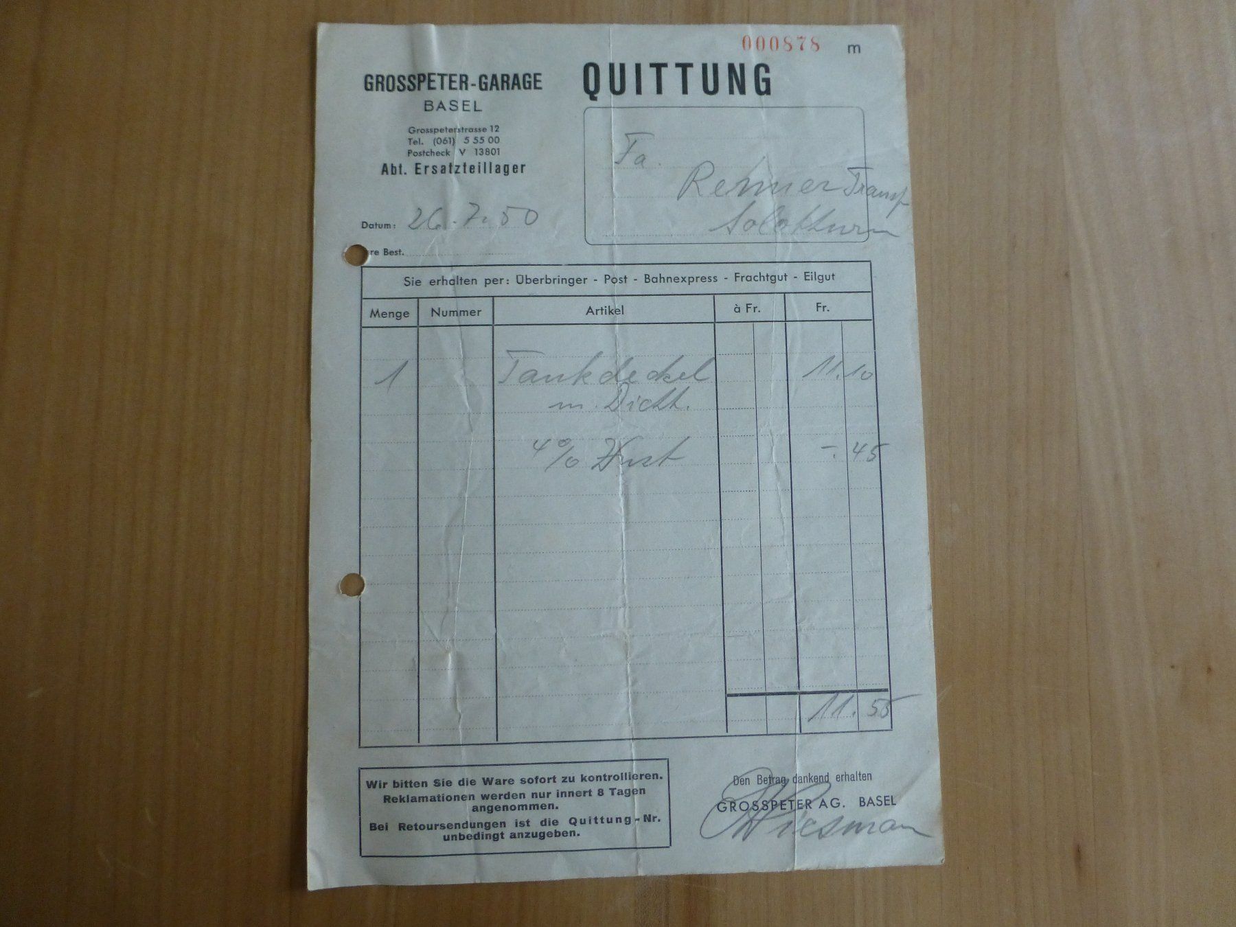 Foto & Immagini: Basel, Grosspeter-Garage Quittung 1950 – Usato da Bettlach venduto da 1saurer