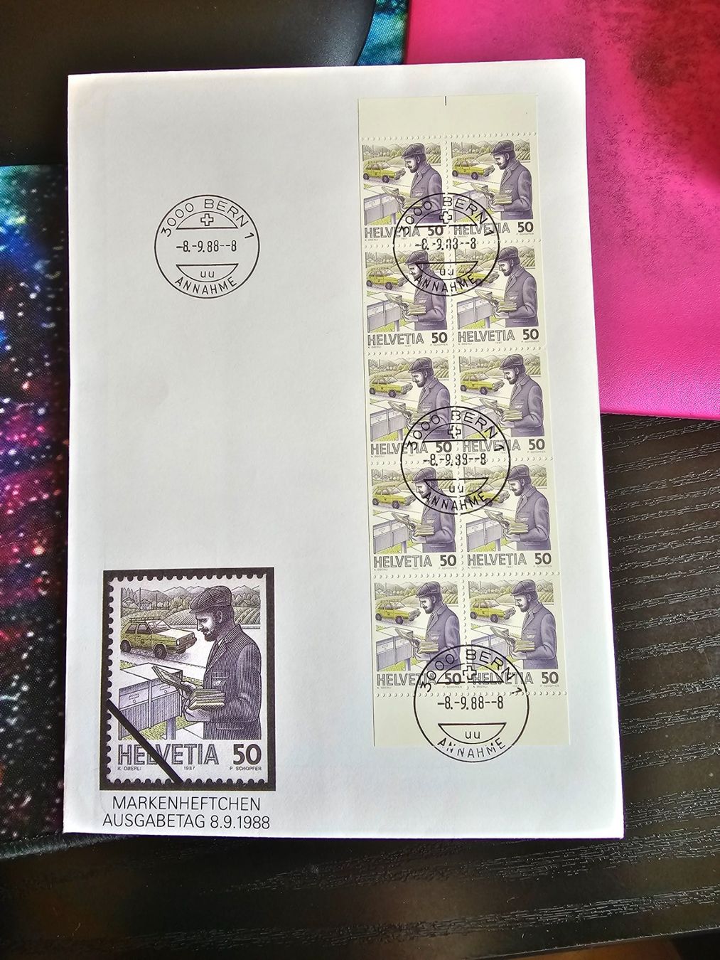 Tutti i francobolli: CH 1988 FDC HEFTCHENBLATT POSTBEFÖRDERUNG – Usato da Dintikon venduto da bonita099